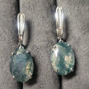 Sterling Silver Deep Faceted Moss Agate Drop Earrings
